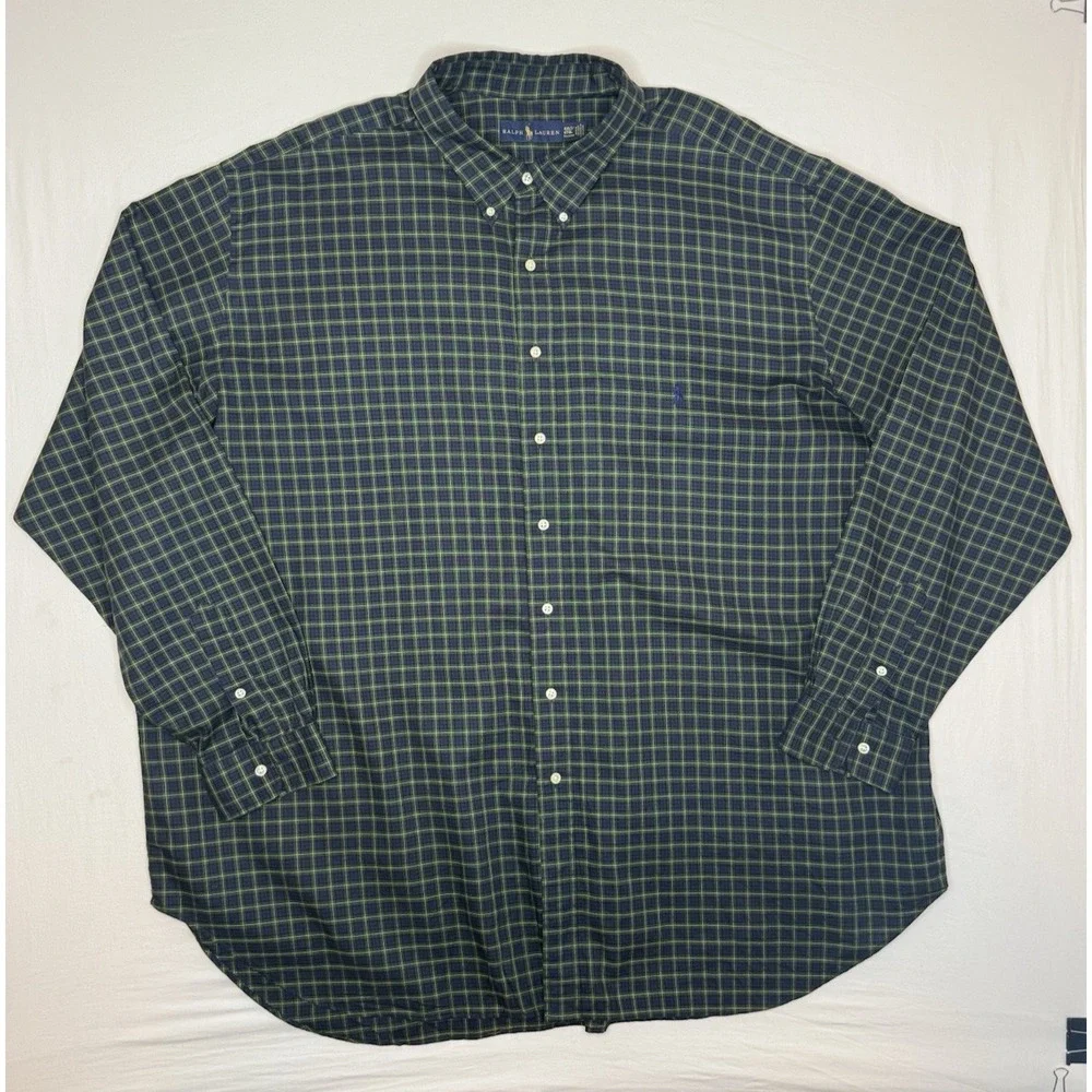 Ralph Lauren Men's 4XLT Big & Tall Blue/Green Plaid 100% Cotton Shirt Polo Pony